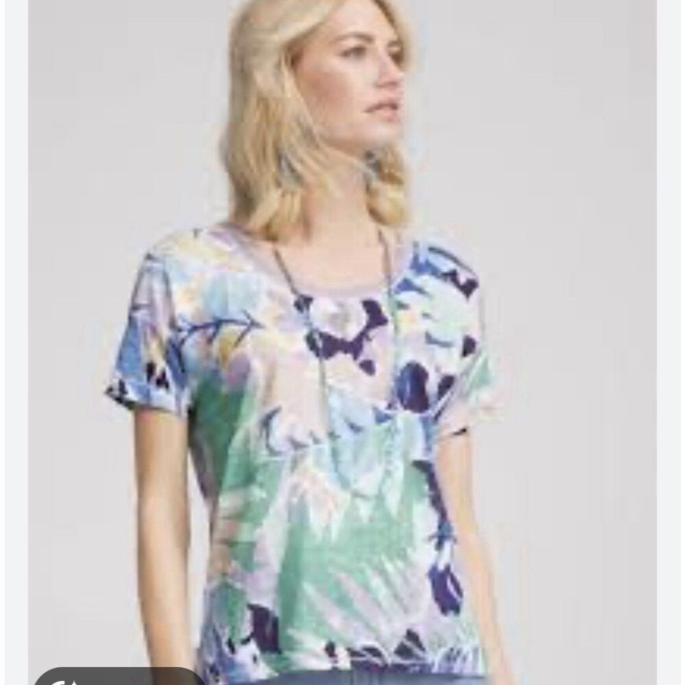 Chicos Tropical Nights 100% Linen Shirt Size 2 12 Floral Short Sleeve